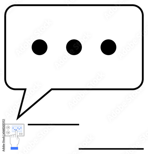 Speech bubble with dots above hand operating control panel, suggesting interaction, conversation, and process automation. Ideal for communication, AI, technology, automation, chatbots messaging