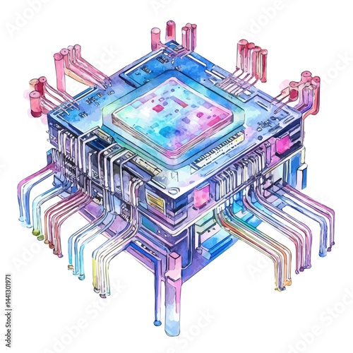 watercolor vector of Chip-scale Quantum Computer With Nano Wiring, isolated on a white background.