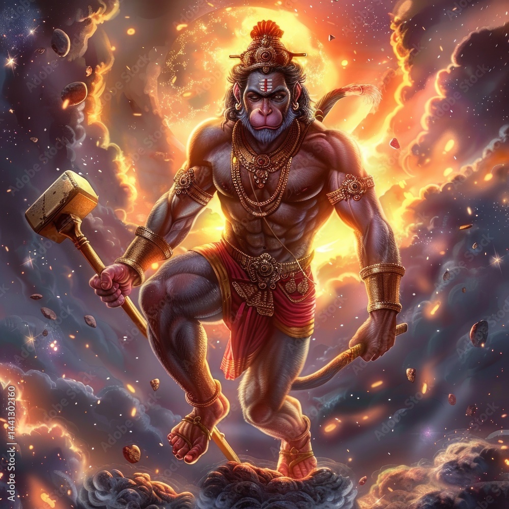 Fototapeta premium Powerful muscular warrior with ornate golden jewelry holding a large hammer and staff, glowing with fiery and cosmic background, surrounded by clouds and floating rocks, embodying strength and majesty