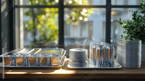Realistic View of Neatly Arranged Aluminium Kitchen Supplies with Natural Light in Modern Interior Setting