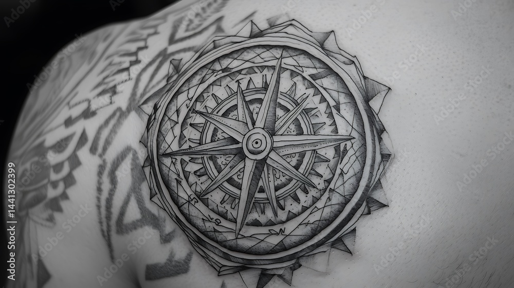 Naklejka premium A tattoo of a compass on a man's back