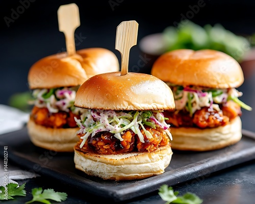 Delicious mini burgers on buns with coleslaw