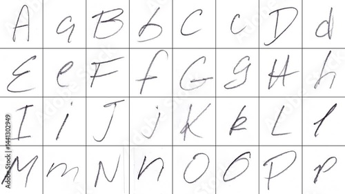 An animated font featuring all the letters of the alphabet and the main punctuation/special characters, all handwritten in pencil. Grid lines let you easily mask out the characters you need. 