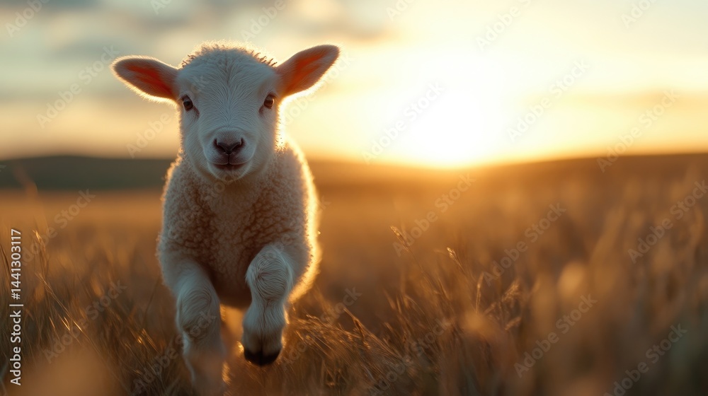 Obraz premium Innocent lamb leaping in golden sunset field