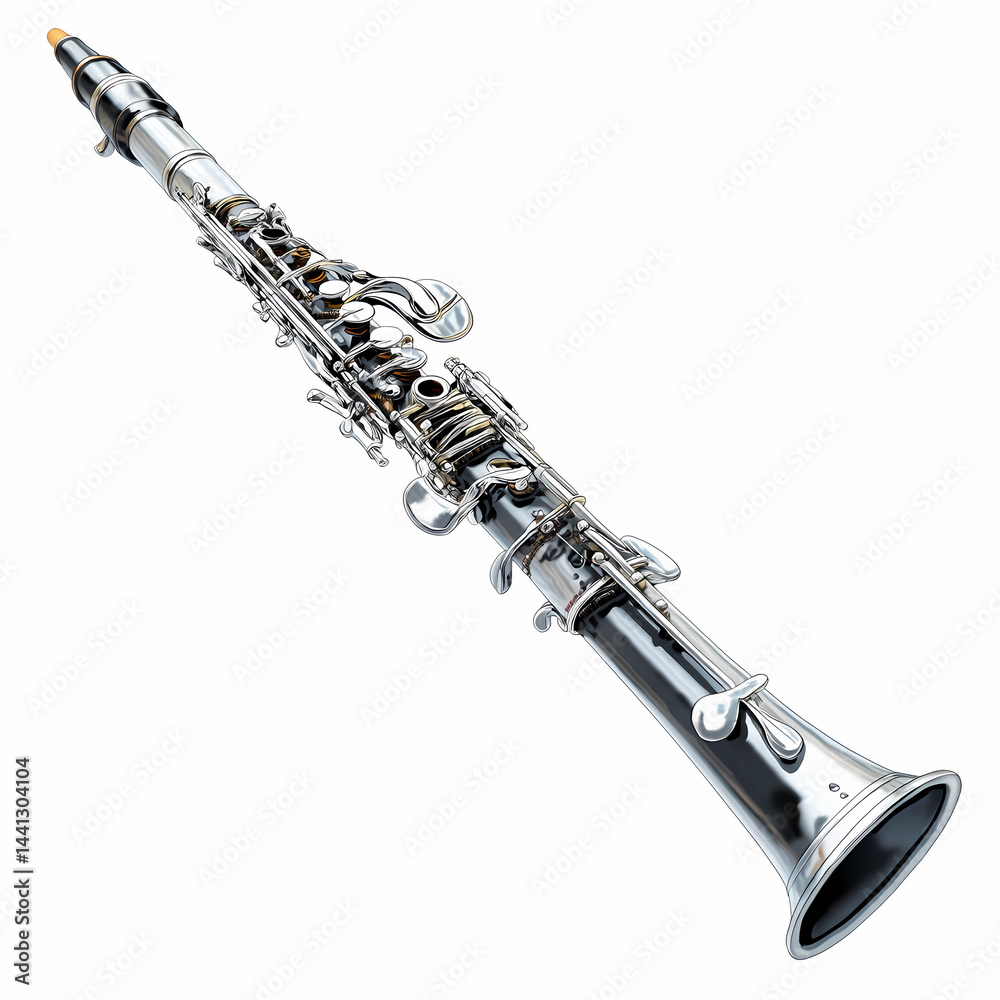 Fototapeta premium An ultra-realistic, detailed vector illustration of the full body of a modern clarinet with black and silver polished metal surfaces, on a white background
