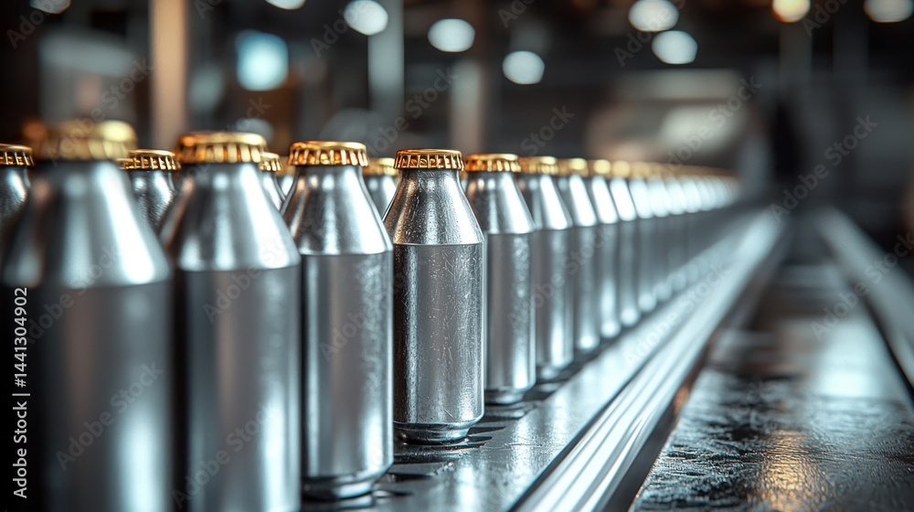 Realistic Aluminium Packaging Design with Row of Bottles in a Modern Production Environment Realistic Aluminium Packaging Design with Row of Bottles in a Modern Production Environment