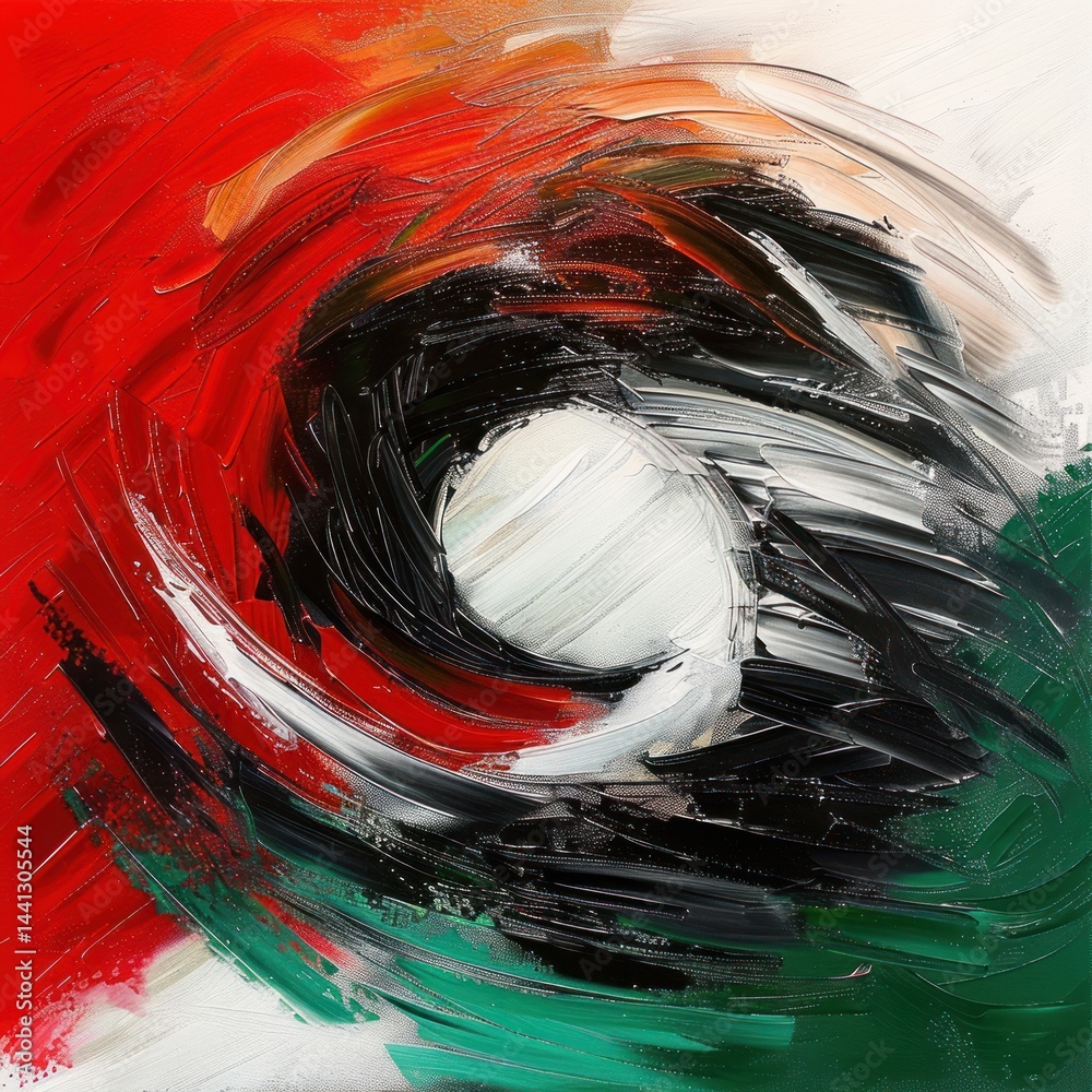 dynamic abstract swirl with bold red, black, white, and green brushstrokes creating intense energy and motion