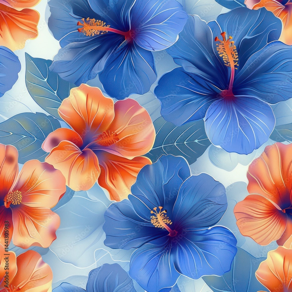 close-up view of vibrant blue and orange hibiscus flowers with detailed petals and stamens surrounded by soft green leaves evoking a fresh and lively tropical feeling