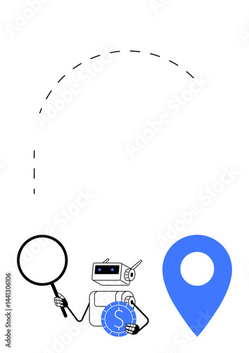 Robot holding magnifying glass, coin, and geolocation pin, tracking data and analyzing patterns. Ideal for technology, AI, finance, navigation analytics innovation and problem-solving. Flat simple