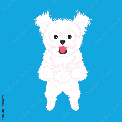 Cartoon of a happy white Maltese dog jumping joyfully, cute pet illustration, fun animal and playful concept.