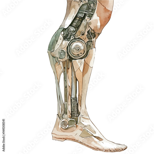 Biomechanical Human Leg With Integrated Prosthetics, watercolor illustration, isolated on a white background.