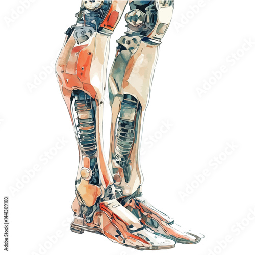 watercolor vector of Biomechanical Human Leg With Integrated Prosthetics, isolated on a white background.