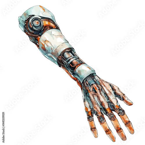 Biomechanical Human Arm With Mechanical Implants, watercolor illustration, isolated on a white background.