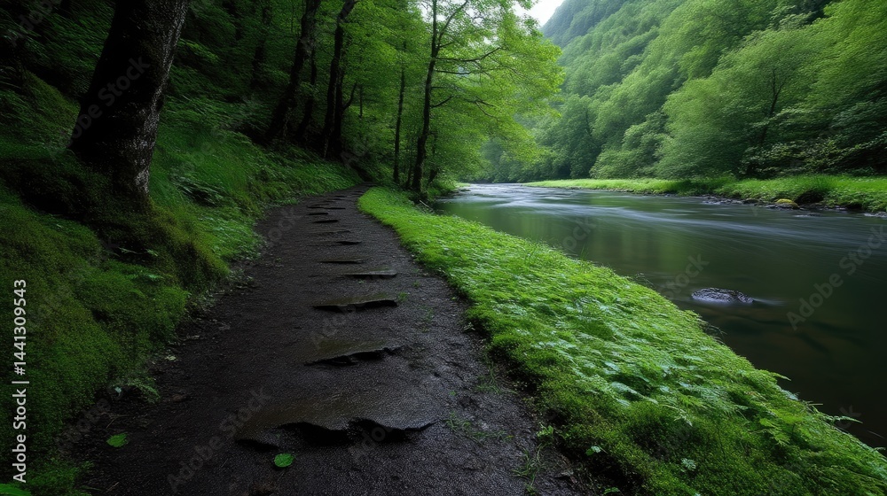 Obraz premium Tranquil forest path by a flowing river. Lush greenery and mossy banks frame a stone pathway leading to the water