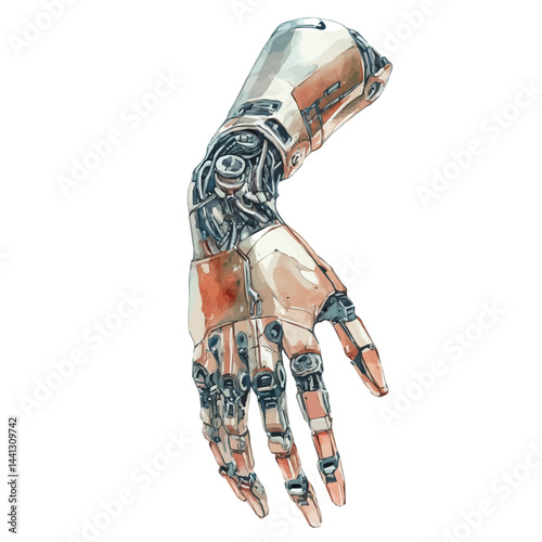 watercolor of Biomechanical Human Arm With Mechanical Implants, isolated on a white background.