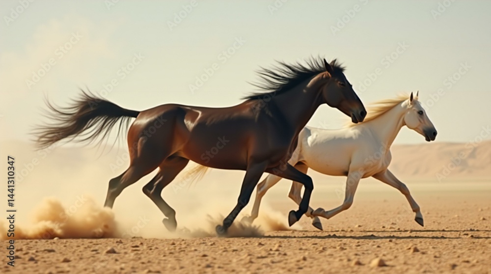 Two Majestic Horses Gallop in Desert. Two Majestic Horses Gallop in Desert.
