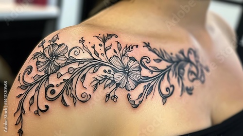 A woman has a tattoo of flowers on her shoulder