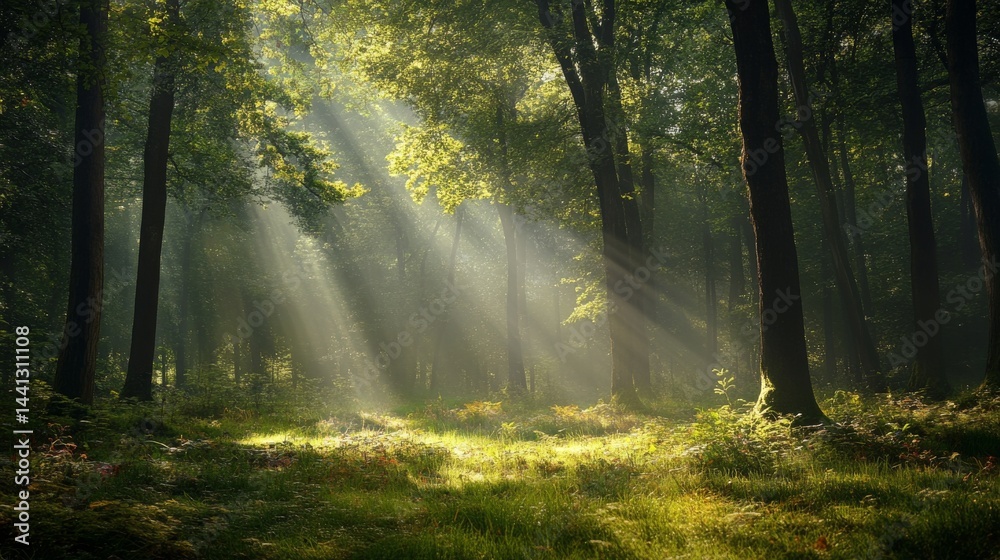 Obraz premium Sunbeams shining through trees in a forest.