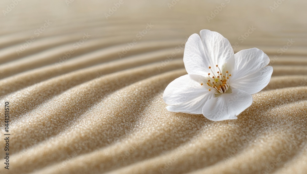 Single white flower on textured sand surface creating a peaceful zen scene. Single white flower on textured sand surface creating a peaceful zen scene.