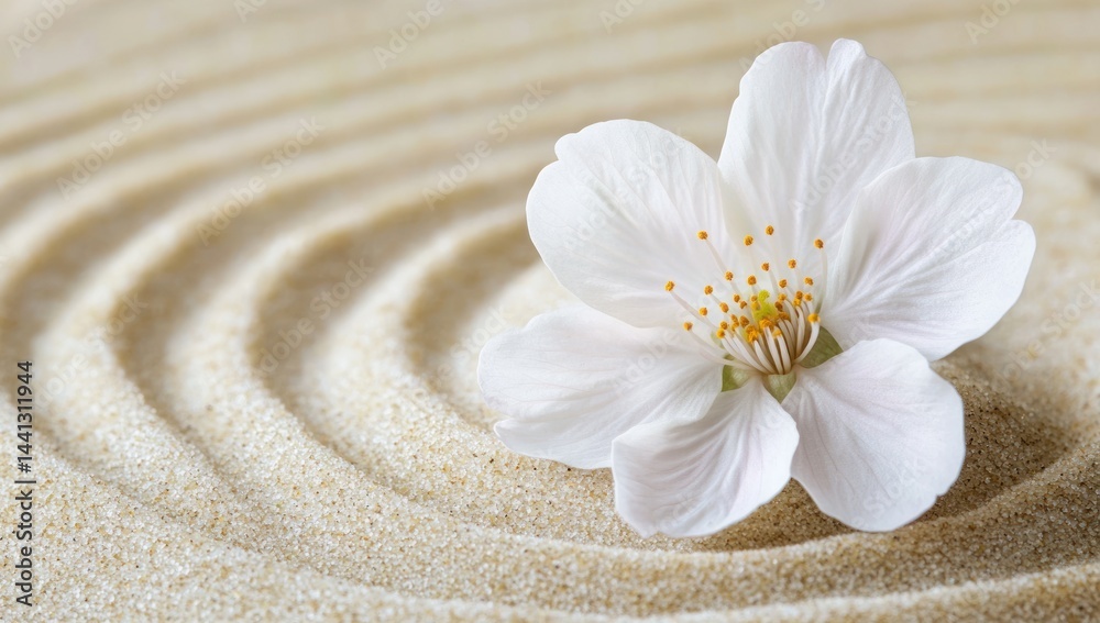 White flower on sand with concentric circle pattern. White flower on sand with concentric circle pattern.