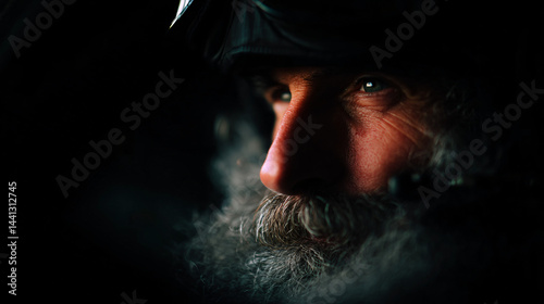Intense gaze of a man inside an aircraft. Gray beard