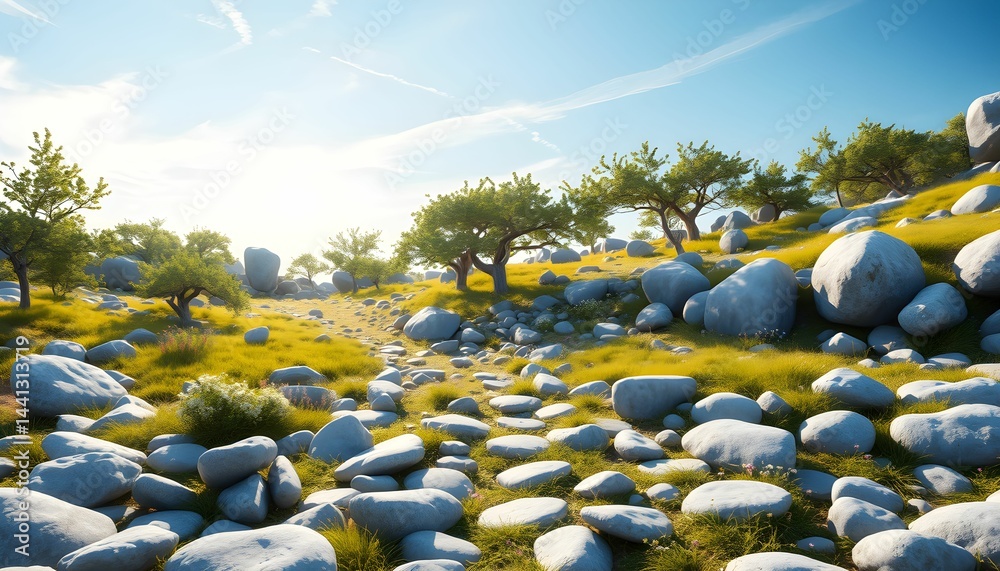 Fototapeta premium Tranquil Meadow Landscape with Smooth Stones and Lush Greenery under a Sunny Sky