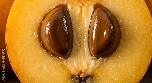 Close-up of a halved loquat fruit revealing its seeds
