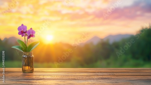 Purple Flower In Glass Container On Wooden Surface At Sunset With Mountain Background