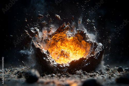 Dynamic depiction of a fiery explosion erupting from a dark surface. Excellent for visual effects promoting intensity. Use for thrilling projects.
