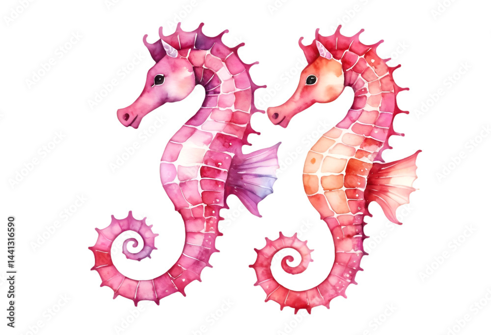 Fototapeta premium pink seahorse watercolor illustration isolated on transparent background