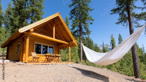Rustic Cabin With Hammock In A Mountain Setting