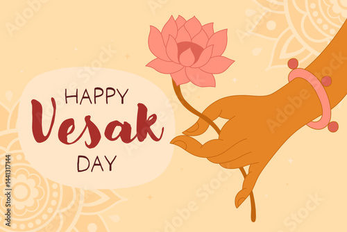 Happy Vesak day, card for buddhist holiday. Graceful hand of Buddha with a lotus flower on a light orange background. Mudra, religious symbol, meditation.