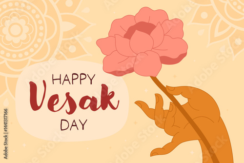 Happy Vesak day, card for buddhist holiday. Graceful hand of Buddha with a lotus flower on a light orange background. Mudra, religious symbol, meditation.