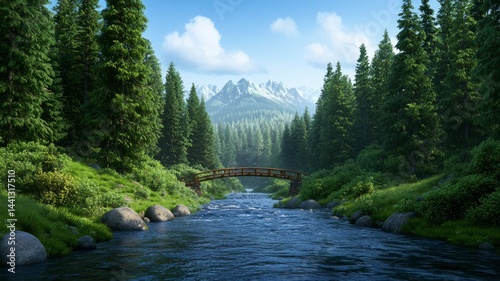 Serene River Scene With Wooden Bridge In Mountain Forest