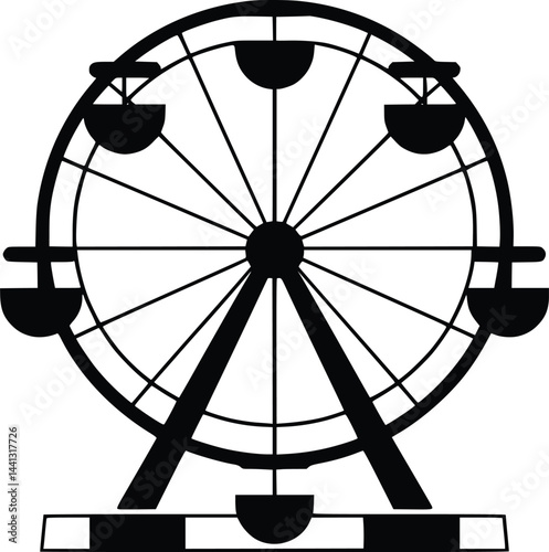 Black and white bold vector of a ferris wheel, isolated on white background.