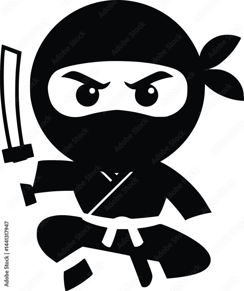 Fototapeta premium Black and white bold vector of a ninja, isolated on white background.