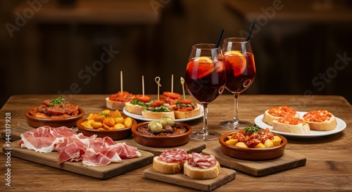 A wooden table filled with various tapas dishes and two glasses of sangria with orange slices