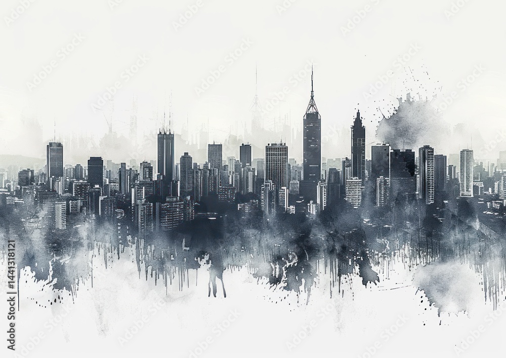 Naklejka premium Monochromatic city skyline with tall buildings and cloudy sky, abstract watercolor effect dripping at the base, conveying a moody and artistic urban atmosphere