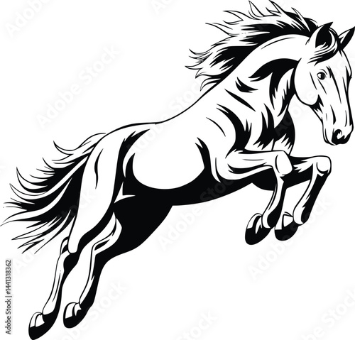 Black and white bold vector of a jumping horse, isolated on white background.
