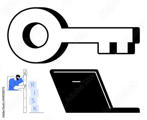 Key symbolizing access, person assessing risks, and laptop representing digital tools. Ideal for security, access control, technology, risk management, digital safety, strategy simple landing page