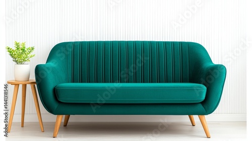 Teal Velvet Loveseat With Wood Legs In A Modern Living Room