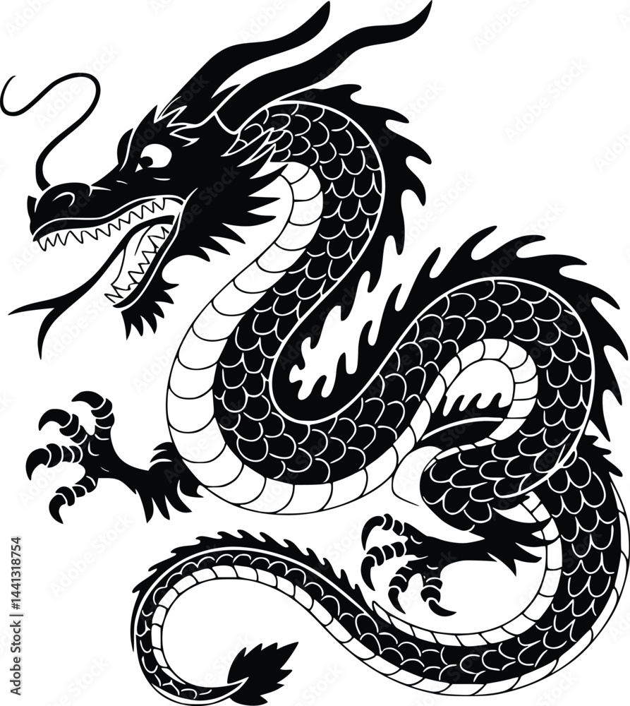 Fototapeta premium Black and white bold vector of a roaring dragon, isolated on white background.