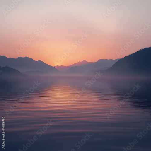 Tranquil mountain range reflecting in a serene lake at sunrise.