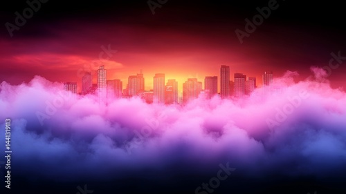 Urban Landscape Above Colorful Clouds During Sunset