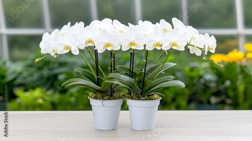 Two White Orchids in Light Gray Pots, Blurry Green Background
