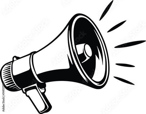 Black and white bold vector of a megaphone shouting, isolated on white background.