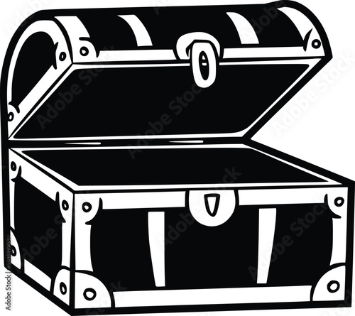 Black and white bold vector of a open treasure chest, isolated on white background.