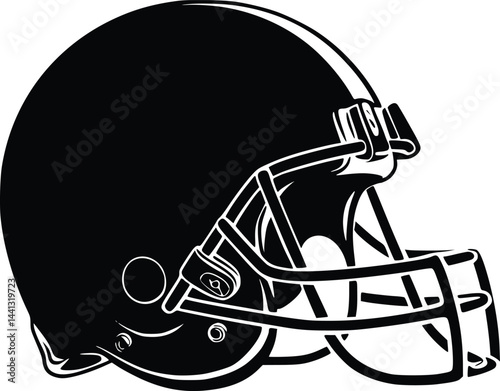 Black and white bold vector of a football helmet, isolated on white background.