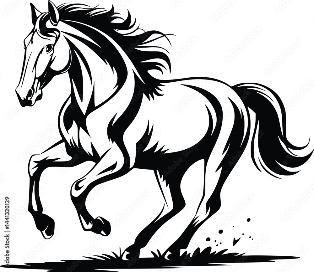Obraz premium Black and white bold vector of a running horse, isolated on white background.