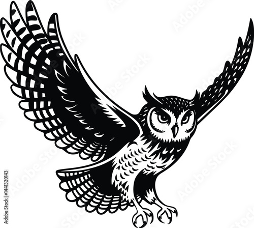 Black and white bold vector of a flying owl, isolated on white background. photo